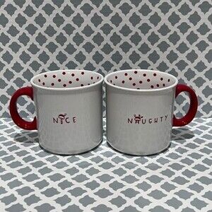 NOVOGRATZ Naughty & Nice White Ceramic Red Polka Dots Mugs 16 0z